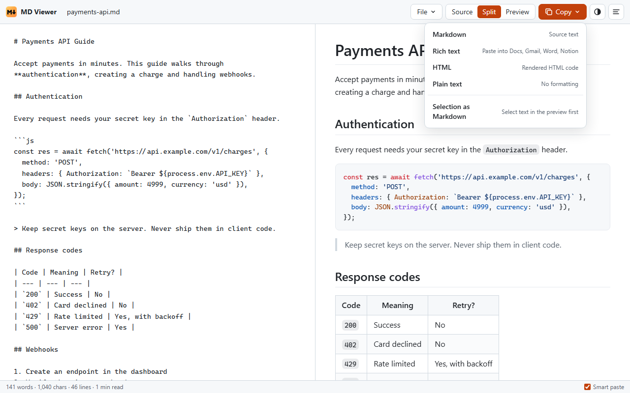 The Copy menu: Markdown, rich text, HTML, plain text or a selection