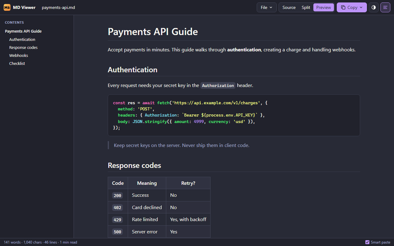 Dark theme with the table of contents sidebar