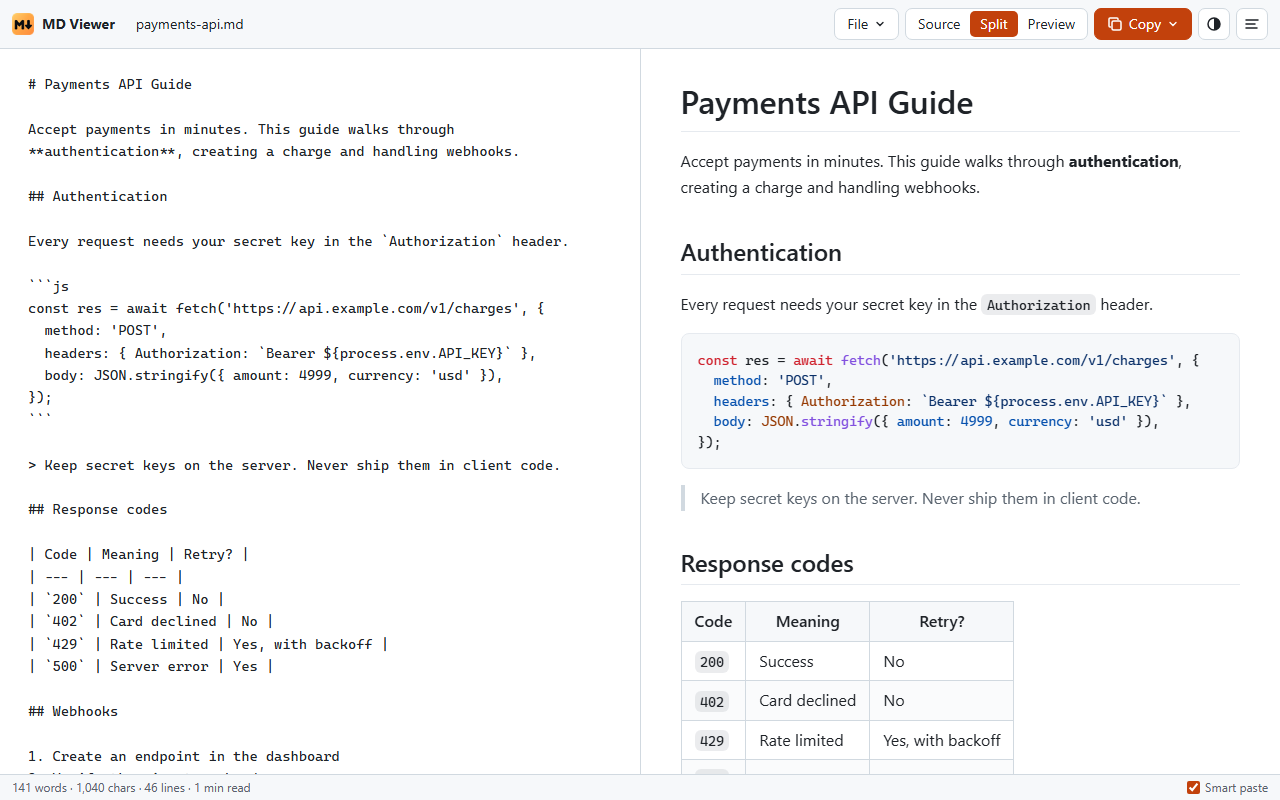 MD Viewer's editor: Markdown source on the left, the rendered preview on the right